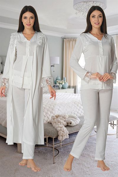 CT MODA Ecru Lace Detailed Cotton Maternity and Maternity Pajamas and Dressing Gown Set
