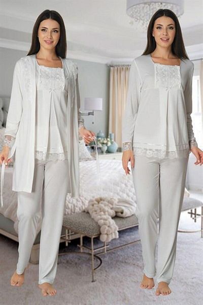 CT MODA Women's Ecru Lace Skirted Maternity Pajama Set with Cotton Dressing Gowns