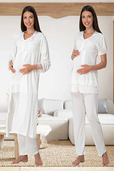 CT MODA Ecru Maternity and Maternity Dressing Gown and Pajama Set - Cotton with Sleeves