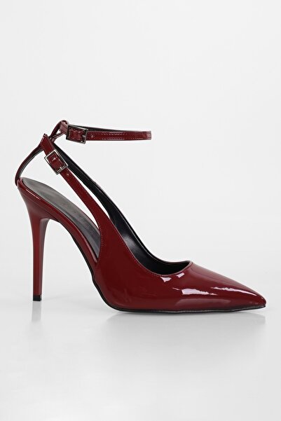 Shoeberry Women's Mila Claret Red Patent Leather Belted Ankle Stiletto
