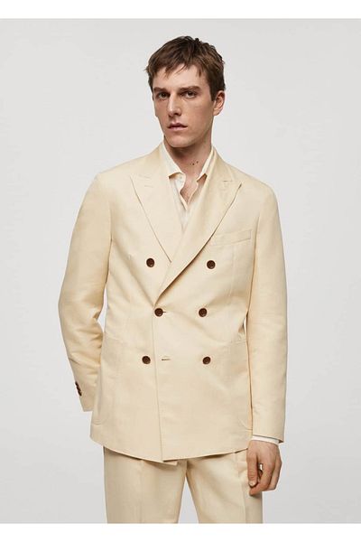 MANGO Man Cotton Linen Double Breasted Blazer Jacket