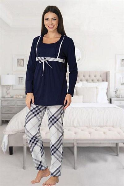 CT MODA Effort Navy Blue Plaid Maternity Pajama Set
