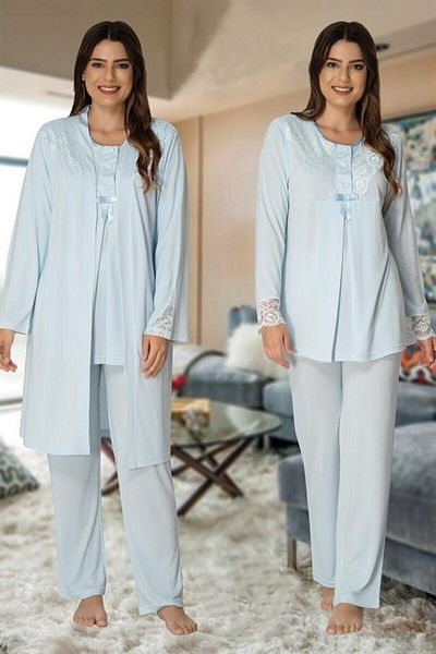 CT MODA Set de pijamale de maternitate pentru maternitate cu guler albastru Effort cu halat
