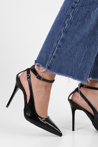 Shoeberry Women's Mila Black Crocodile Belt Ankle Stiletto