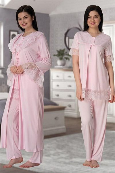 CT MODA Pink Lace Effort Maternity Pajamas and Dressing Gown Set