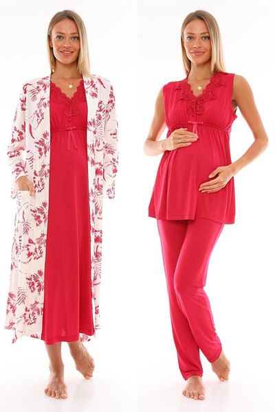 CT MODA Fuchsia Lace Collar - 4-Piece Women's Pajamas Set with Comfortable Dressing Gowns Maternity Nightie Set