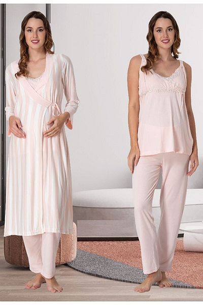 CT MODA Powder Colored Women's Striped Cotton Maternity and Maternity Dressing Gown and Pajama Set