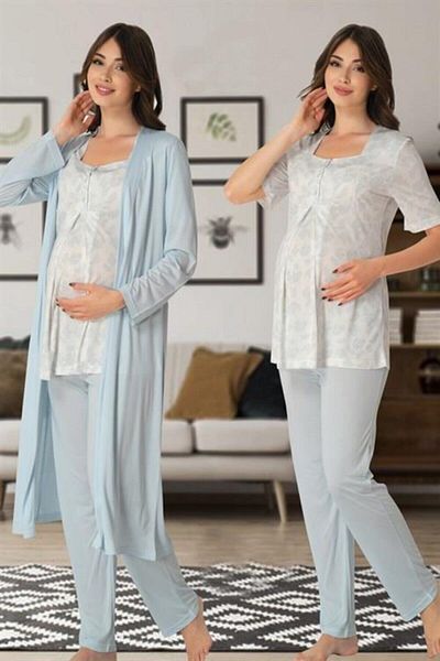 CT MODA Set de pijamale de maternitate cu model Effort Blue cu halat de maternitate