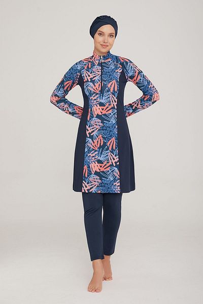 Kapılı Women's Lycra Long Sleeve Half Zip Patterned Full Covered Hijab Swimsuit