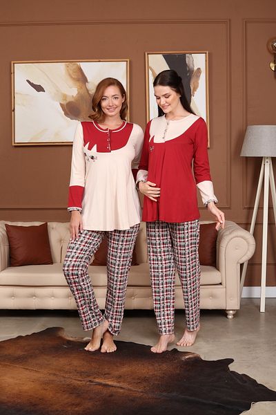 CT MODA Beige Velvet Plaid Winter Pajamas and Dressing Gown Set - Maternity Maternity 3-Piece Set