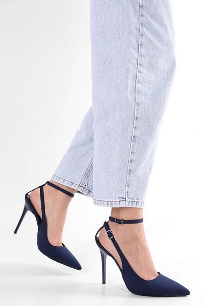 Shoeberry Damen-Knöchelstiletto „Mila“ in Marineblau mit Satingürtel