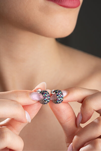 Nereze 925 Ayar Gümüş Rodyum 5 Sıra Mix Taşlı Yarım Tur Küpe