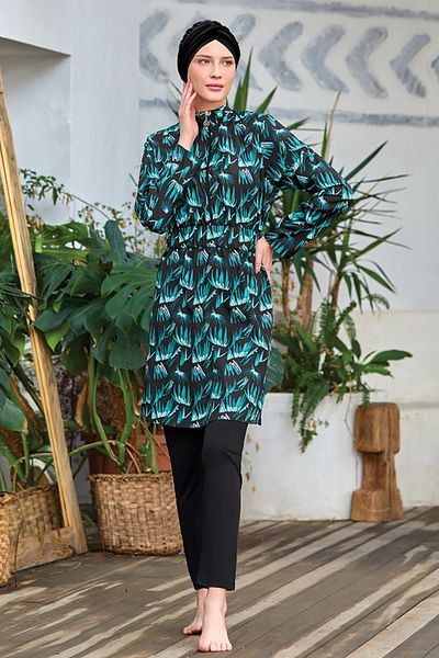 Kapılı Women's Lycra Long Sleeve Half Zip Patterned Full Covered Hijab Swimsuit