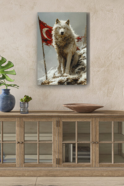 InkSyncStudios Arkasında Türk Bayraklı Beyaz Kurt Yağlı Kanvas Tablo