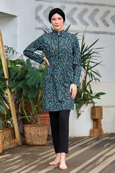 Kapılı Women's Lycra Long Sleeve Patterned Full Covered Hijab Swimsuit