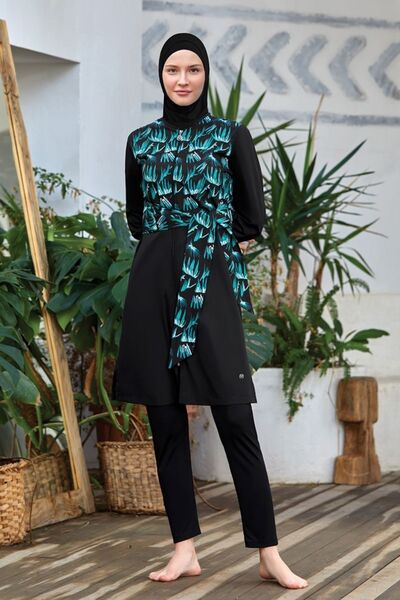 Kapılı Kadın Likralı Uzun Kollu Fermuarlı Desenli Tam Kapalı Tesettür Mayo