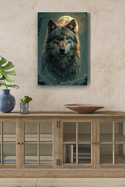 InkSyncStudios Dolunay Detaylı Kurt Yağlı Kanvas Tablo
