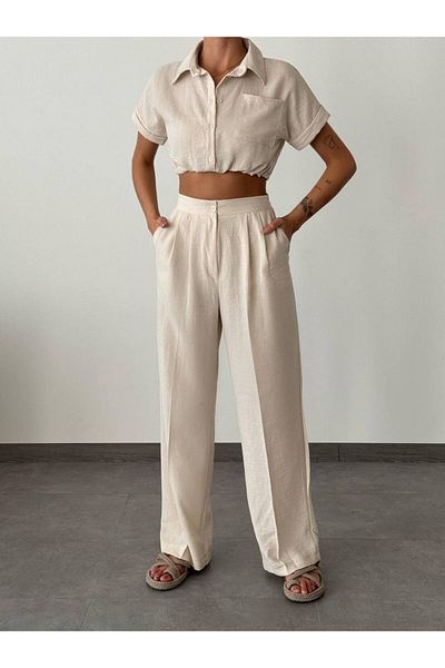 İLKCET MODA طقم قميص كتان قصير وبنطلون بالازون