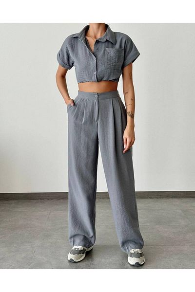 İLKCET MODA طقم قميص كتان قصير وبنطلون بالازون