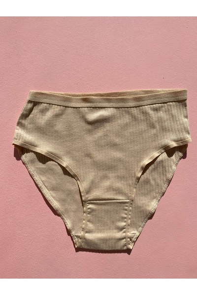 LEYNA BUTİK Corded Cotton Lycra 4-Piece Women's Triangle Bato Panties (Ecru-Skin)