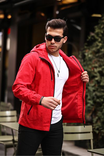 Rompasso Red Men's Jacket - Crinkle Waterproof Hooded Seasonal Drink Waistband