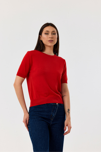 NEER Basıc Kısa Kollu Triko Kazak-KIRMIZI