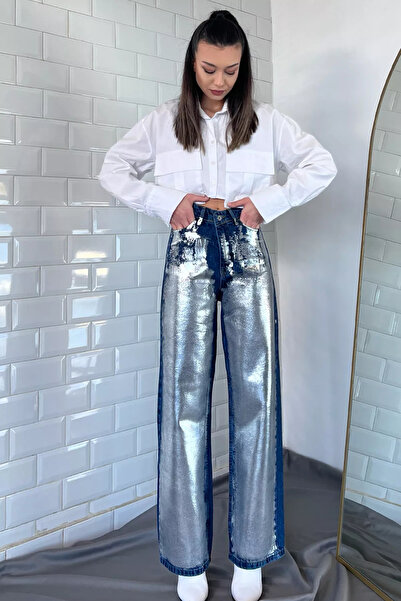 GÜLSELİ Сині металізовані джинси-палаццо з високою талією для жінок