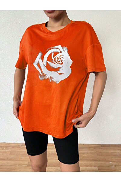 BEETON Πορτοκαλί τριαντάφυλλο εμπριμέ υπερμεγέθη μπλουζάκι - Crew λαιμόκοψη, ...