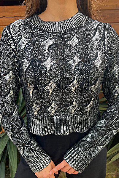 GÜLSELİ Black Women's Crew Neck Glitter Crop Top Knitwear Sweater