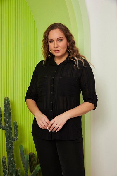 RMG Plus Size Black Shirt - Pocket and Sleeve Detail