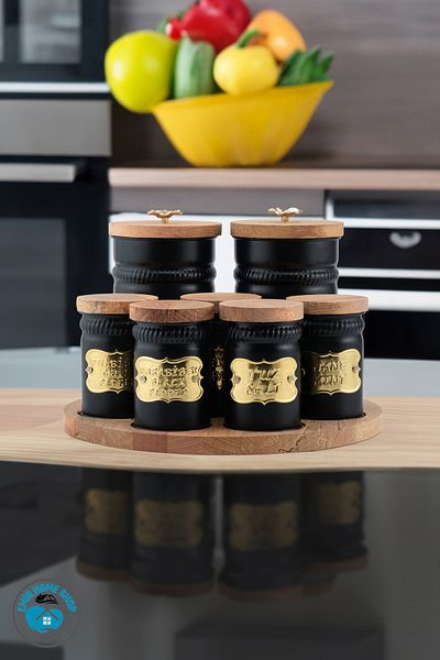 emir home shop Set of 7 Metal Luxury Spice Rack Spice Set with Wooden Lid and Stand