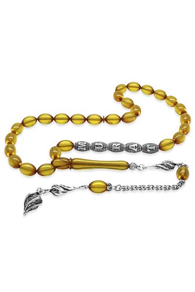 Tesbihane Transparent Yellow Fire Amber Prayer Beads with Tarnish-Free Metal Tassels