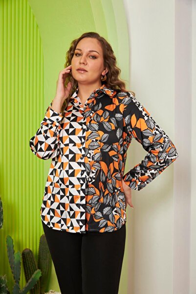 RMG Plus Size Black Satin Shirt - Floral and Geometric Pattern