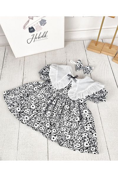Hobidik Baby Girl Child Collar Detailed Cotton Viscose Fabric Black Floral Dress