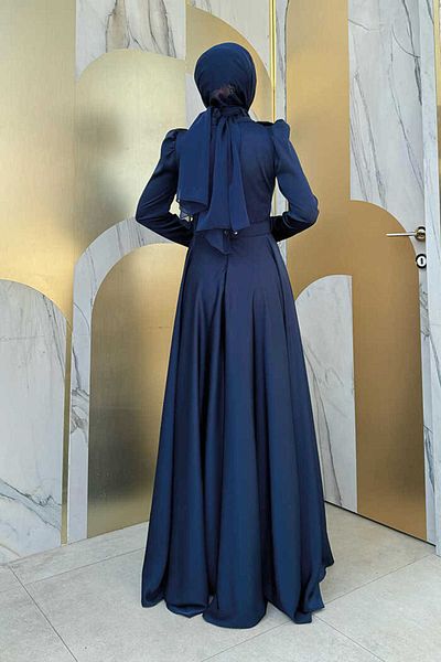 Bym Fashion Satin Evening Dress - Ruffle, Stone Detailed Belt, Navy Blue 1155