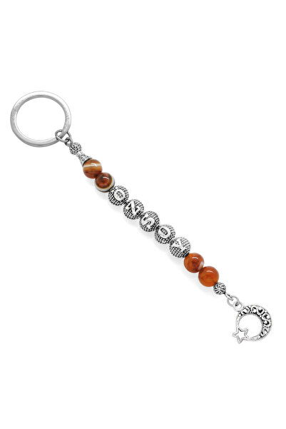 Tesbihane Kararmaz Metal Isim Yazılı Kırmızı-siyah Akik Doğaltaş & Çelik Kombinli Anahtarlık