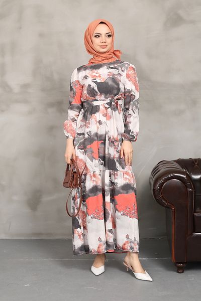 Kirazgym Batik Patterned Belted Linen Dress