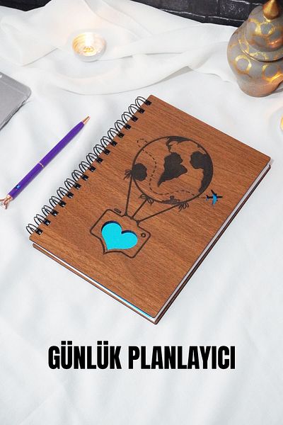 markcat Caiet de planificare zilnică cu copertă din lemn cu design cu baloane A5 - Agenda fără timp - Caiet de planificare nedatat