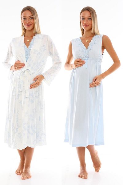 CT MODA Effort Women - Set de 2 cămăși de noapte confortabile cu guler din dantelă albastră