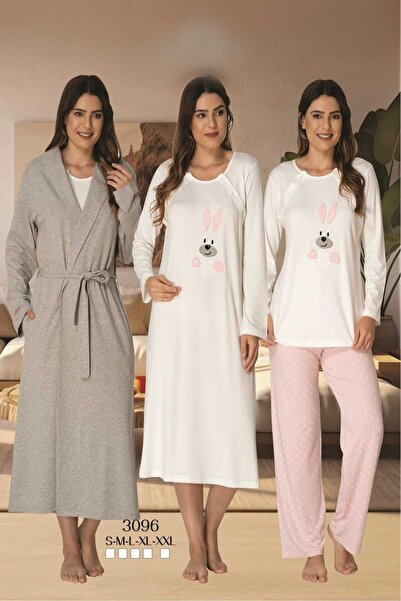 Genel Markalar Kadın Pembe Uzun Kollu Pamuklu Hamile Lohusa Sabahlık Pijama T...