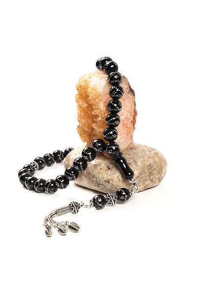 TESBİHCİBABA Globe Cut Silver Inlaid Oltu Stone Rosary Tb1745