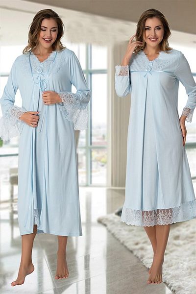 CT MODA Set de rochii și cămăși de noapte pentru maternitate și postpartum din bumbac cu volan albastru - mâneci prințesă
