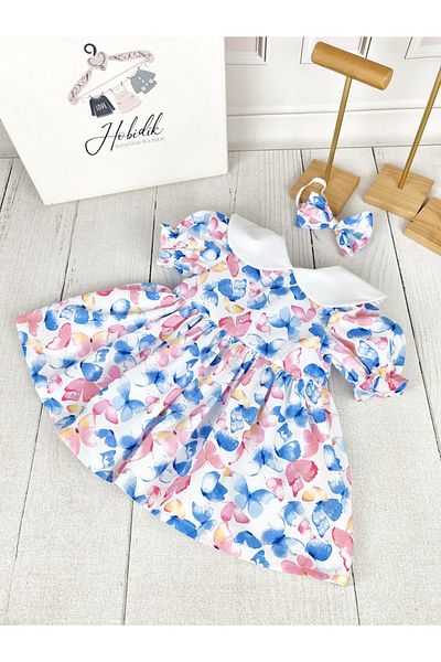 Hobidik Baby Girl Child Blue Pink Butterfly Baby Collar Cotton Poplin Fabric Dress