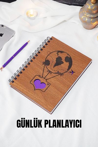 markcat Caiet de planificare zilnică cu copertă din lemn cu design cu baloane - Agenda nedatată - Caiet de planificare fără timp - A5