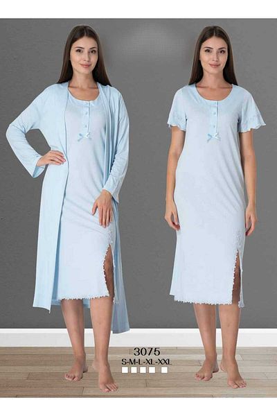 CT MODA Set halat și cămașă de noapte din bumbac albastru pentru gravide și postpartum