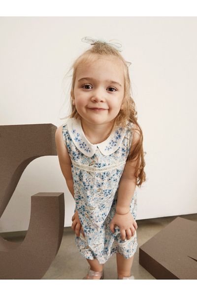 Maya And Luca Bloomy Spring Patterned Motif Embroidered Blue Dress