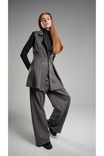 Monolou Cepli Yüksel Bel Nubuk Scuba Pantolon Füme