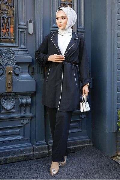 Neva Style - Classic Collar Black Hijab Triple Suit 34112S