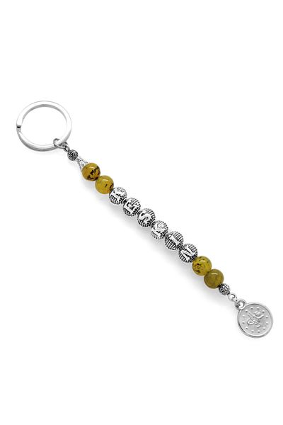 Tesbihane Non-Tarnish Metal Name Written Veined Agate Natural Stone & Steel Combination Keychain
