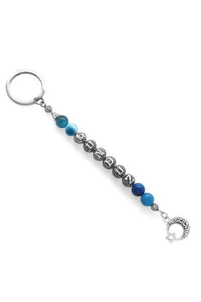 Tesbihane Non-Tarnish Metal Name Written Blue-white Agate Natural Stone & Steel Combination Keychain